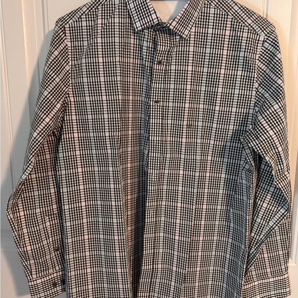 Bar III Black and White with Pink & Blue Plaid Details Button Down Shirt
